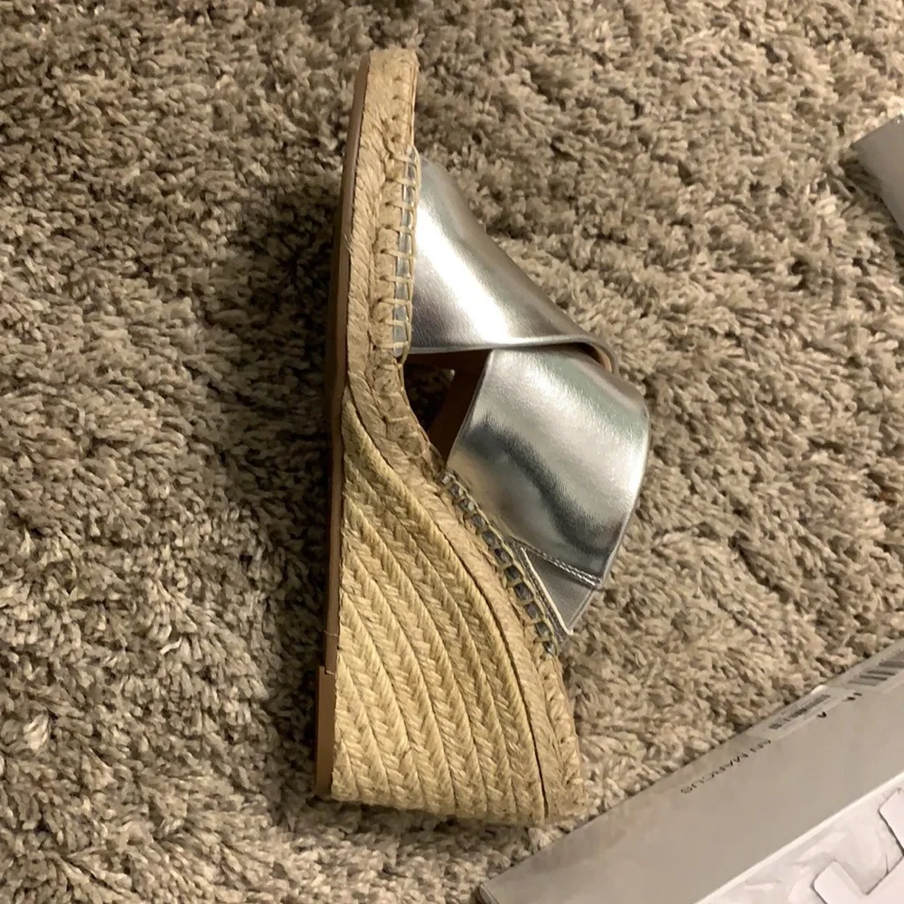 Neiman Marcus Silver Espadrille Wedge Sandals Crossover‎ Straps